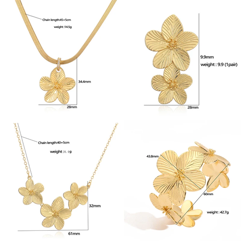 HECHENG, Spring And Summer New Flower Series Copper 18K Gold-plated Necklace Bracelet Earrings Simple Retro Ladies Jewellery