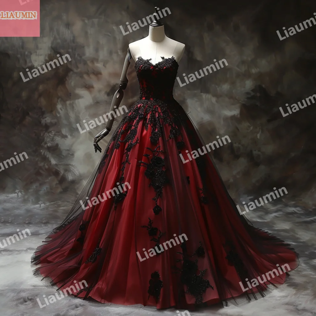 

Custom Made Red Tulle And Black Lace Applique A Line Strapless Sleeveles Prom Dress Floor Length Evening Formal Party W15-51.10