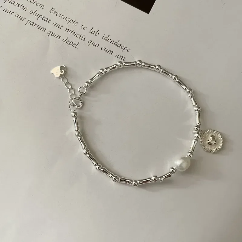 Luxury 925 Sterling Silver Bracelet Pearl Knot Bracelets For Women Korean Design Heart Pendant Charm Bracelet Party Jewelry Gift