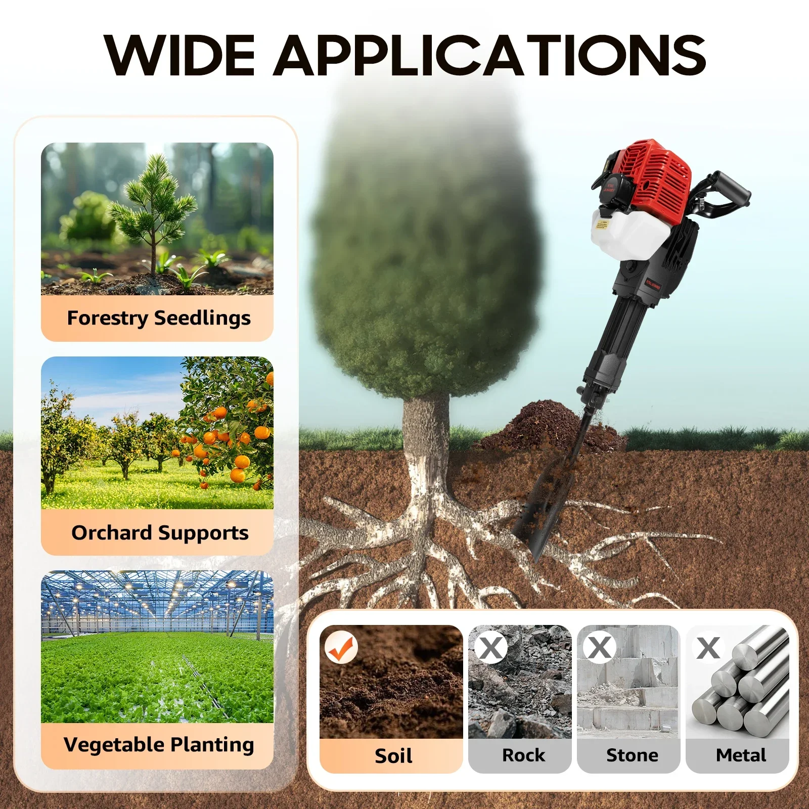 Portable Garden Tree Digger 1900W 2-stroke Engine Hand-pull Start Tree Root Digger Soil Cultivation for Gardens and Lawns