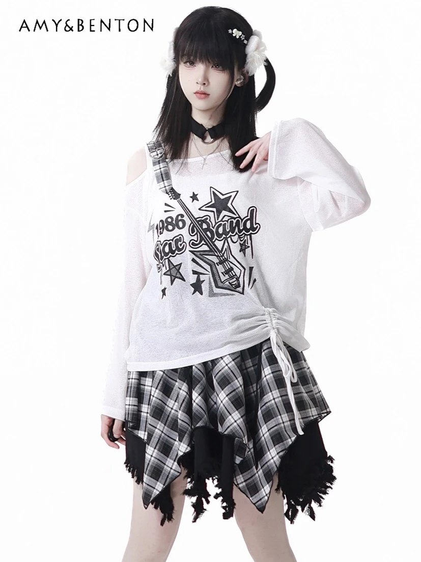 

Summer Sweet Cool Street Rock Irregular Skirt Sets Spice Girl Plaid Off-Shoulder Print Long Sleeve Top Mini Skirt Two-piece Set