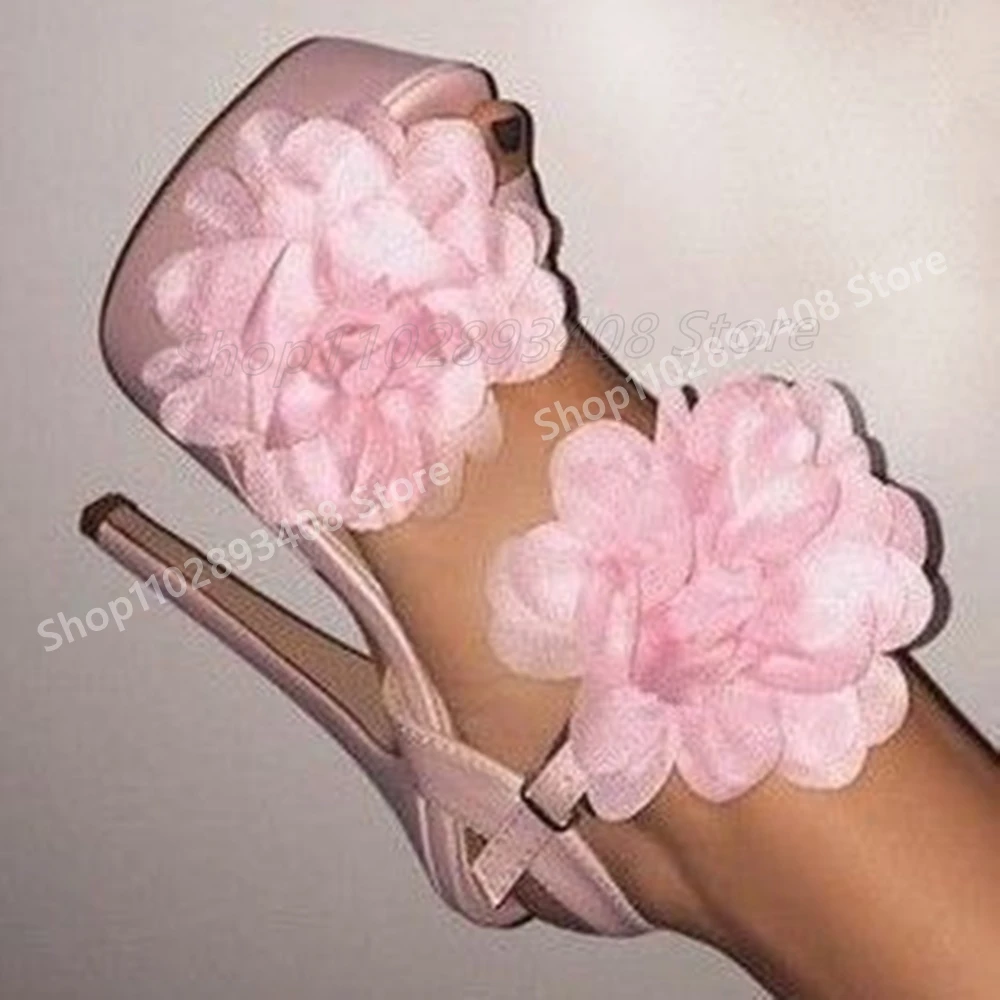 

2025 Sweet Pink Side Flowers Decor Sandals Ankle Buckle Open Toe Platform Shoes for Women Stiletto High Heel Summer Para Mujere