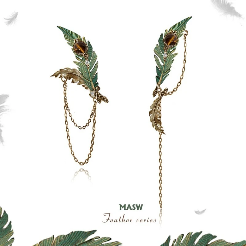 MASW Original Design Vintage Temperament Personality Asymmetrical Green feather earrings For Women Party Gifts Fashion Jewelry
