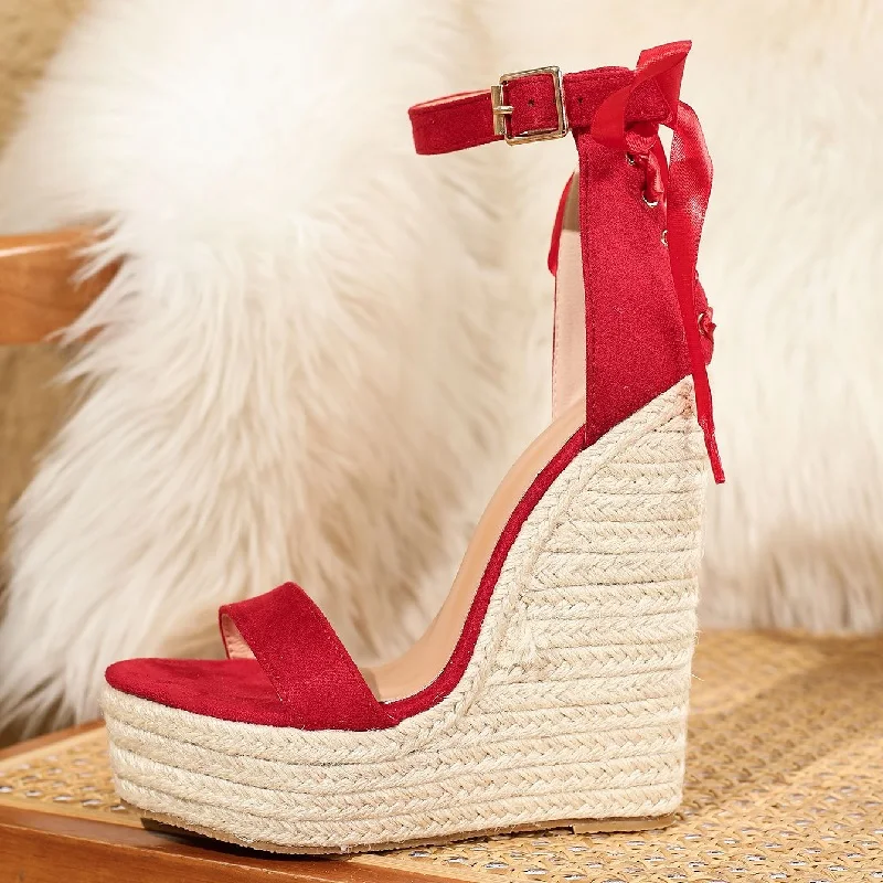 Eilyken Design Style Back Lace-up Platform Weave Wedges High Heels Women Sandals Fashion Buckle Strap Red Wedding Summer Shoes