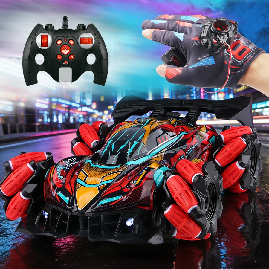 

4Wd Rc Stunt Car with Sprayer & Namu Wheels, 2.4g Remote Control Drift Vehicle, Colorful Led Lights & Sound Off-Road Toys Gift F
