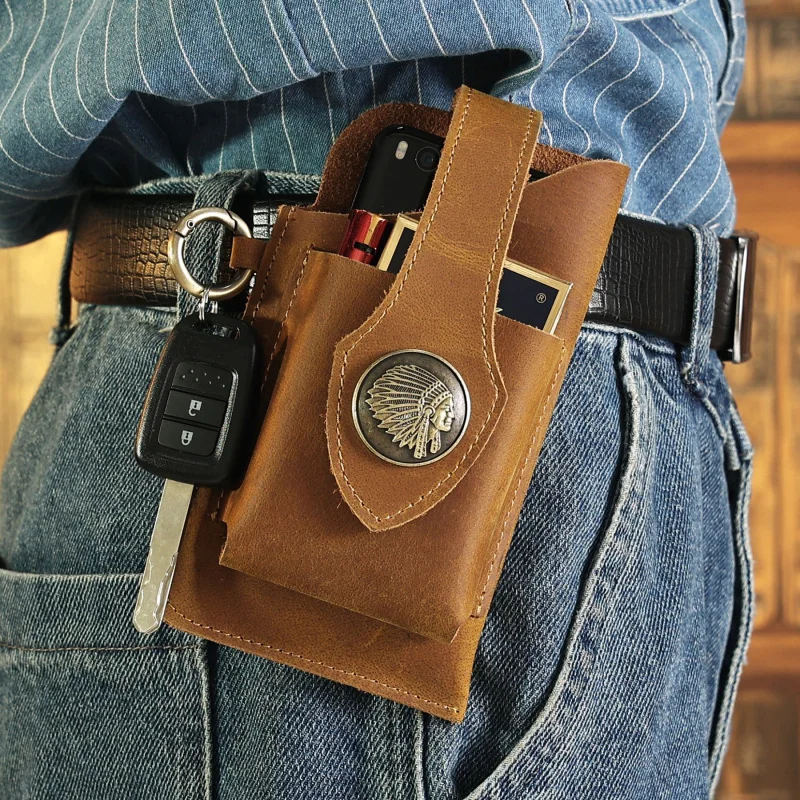 New Vintage Men's Cow Leather Waist Bag Male Outdoor Sports Waist Packs For Men Mobile Phone Tactical Bag