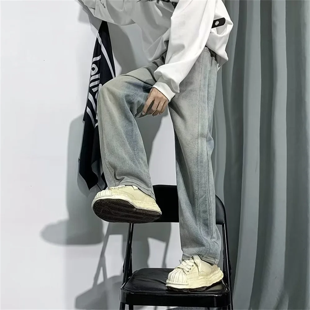 Loose Jeans Mens Floor Dragging Trousers Light Color Straight Tube Washed Retro Made Trendy Brand Youth PANTS Wide Leg