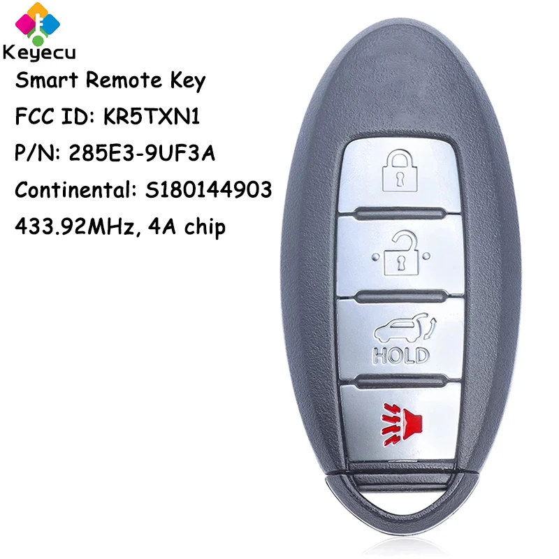 

KEYECU Smart Remote Control Car Key With 4 Buttons 433MHz 4A Chip for Nissan Pathfinder 2013-2020 Fob S180144903 FCC ID: KR5TXN1