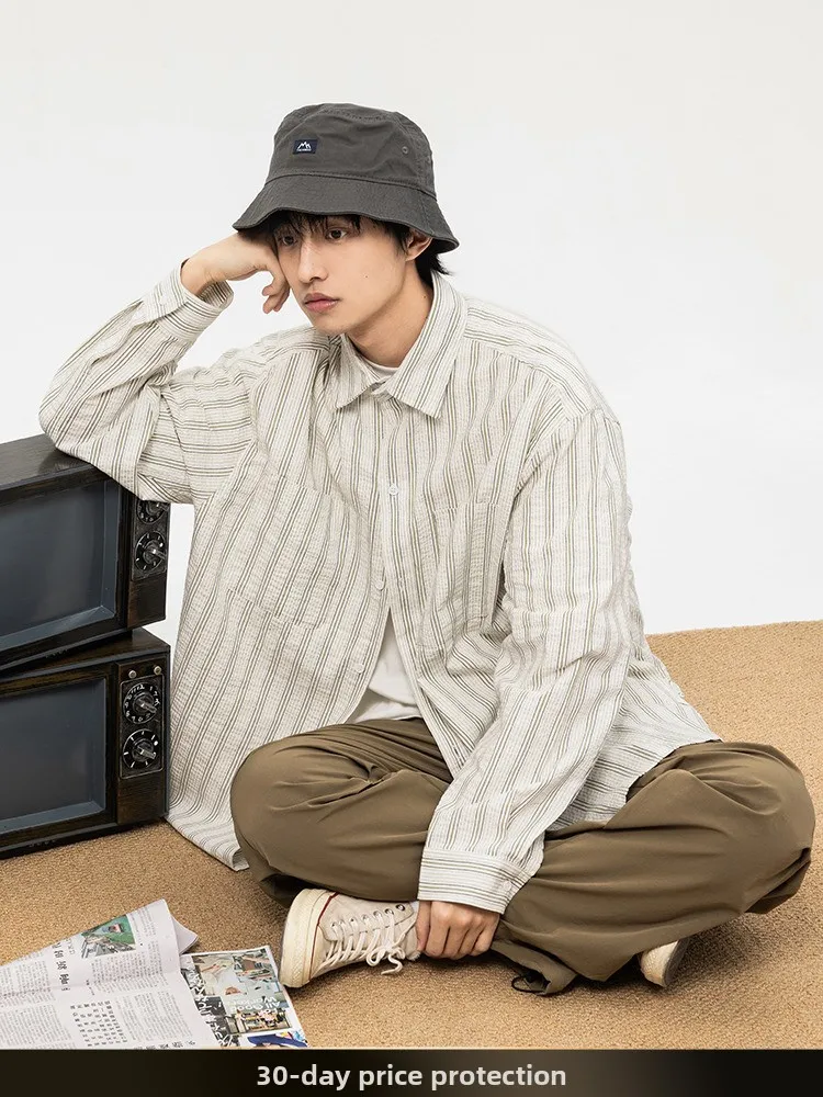 

Spring Summer New Retro Japanese Sle Striped Color Blo Long Sve Loose Fit Collar Men's irt Youth Trendy Outerwear