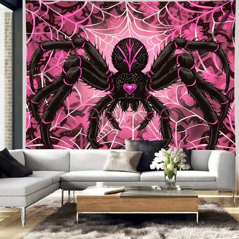 VIKAMA Pink Gothic Spider Tapestry Heart Web Floral Wall Hanging Y2K Aesthetic Bedroom Halloween Decor