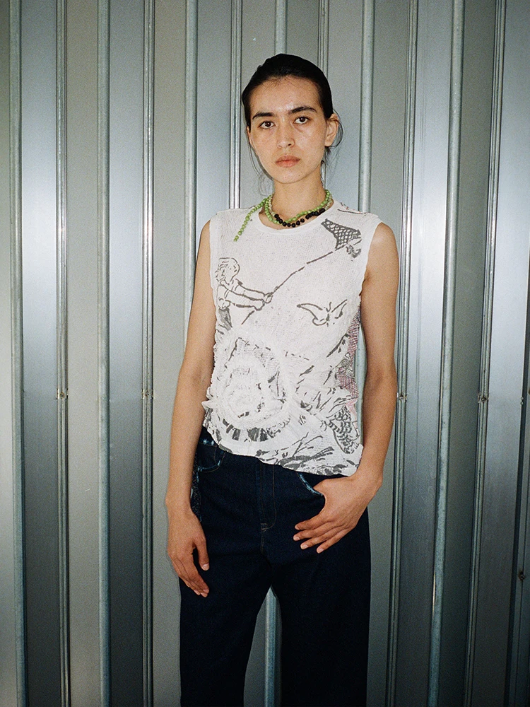 

picalme Print Folded Svel Vest Women's Original Design Slim Fit Polyester Cotton Summer Faion Top