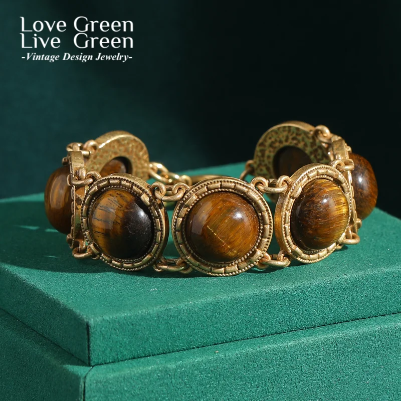 

Винтажные модные круглые браслеты с камнем тигрового глаза для женщин, очаровательные антикварные ювелирные изделия золотого цвета, классическая элегантность в стиле ретро, новинка в подарок