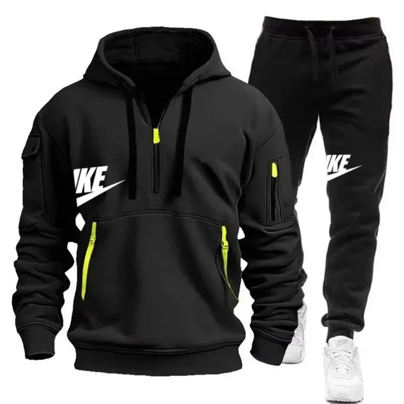 2026 New Winter Men Multi Pocket Zipper Cargo Jogging Pants Hoodie Set Fashion Casual Outdoor Runnin