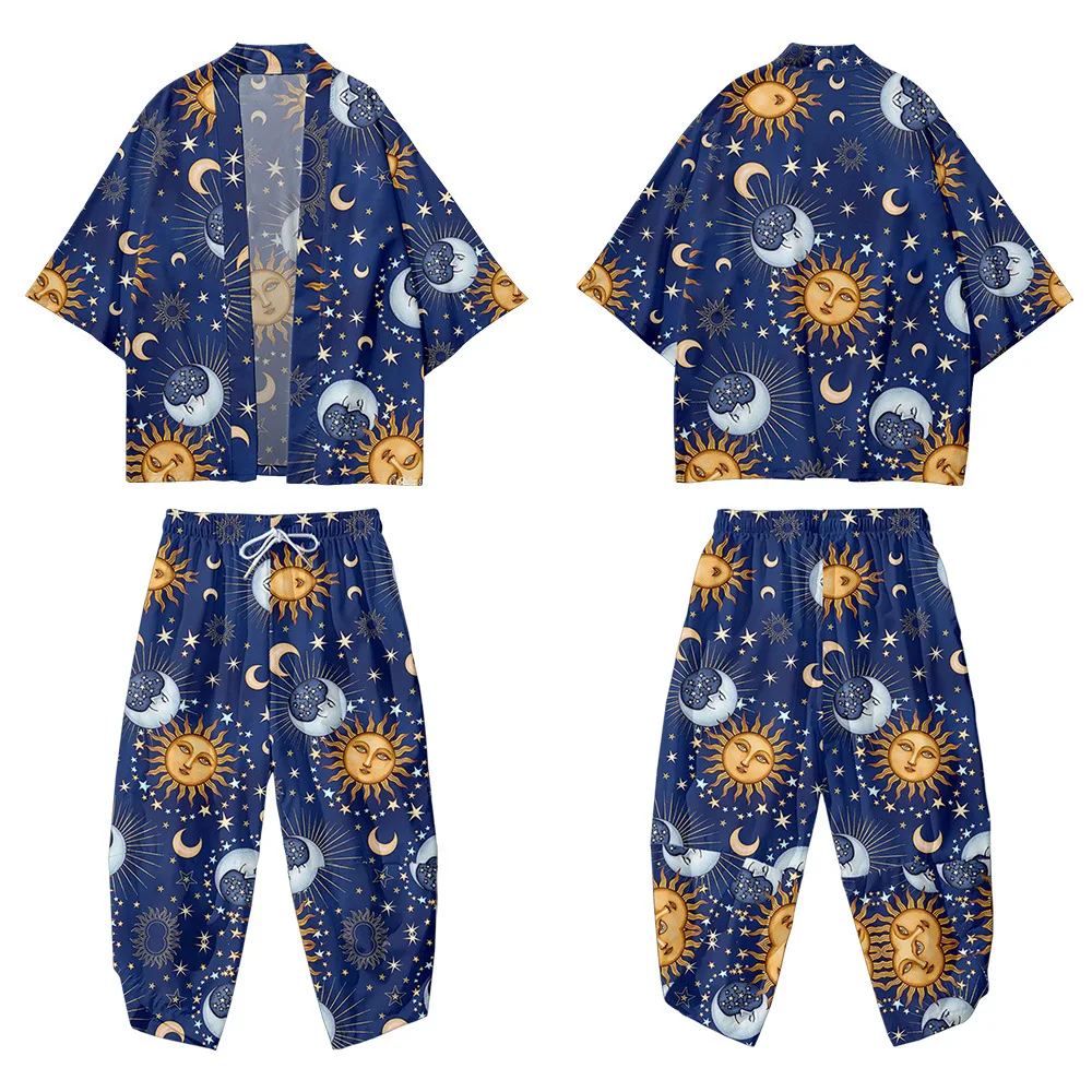 

Cartoon Sun Moon Star Printed Kimono Cropped Pants Set Women Men Japanese Haori Asian Streetwear Cardigan Yukata Cosplay