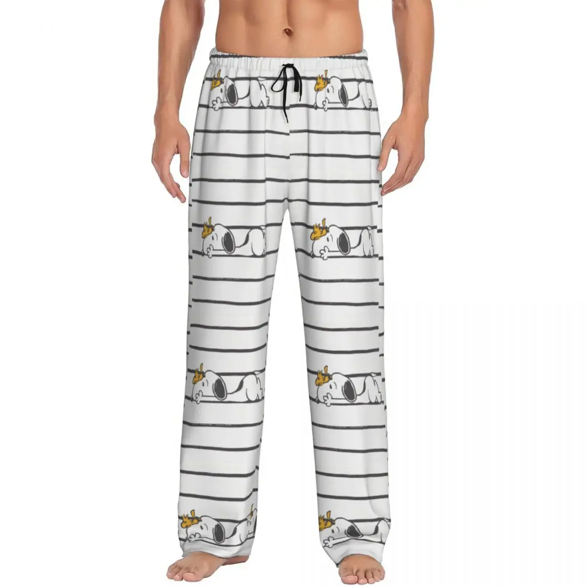 Custom Print S-Snoopys Woodstock Smile Giggle Laugh Pajama Pants for Men Cartoon Comic Dog Sleep Sleepwear Bottoms with Pockets