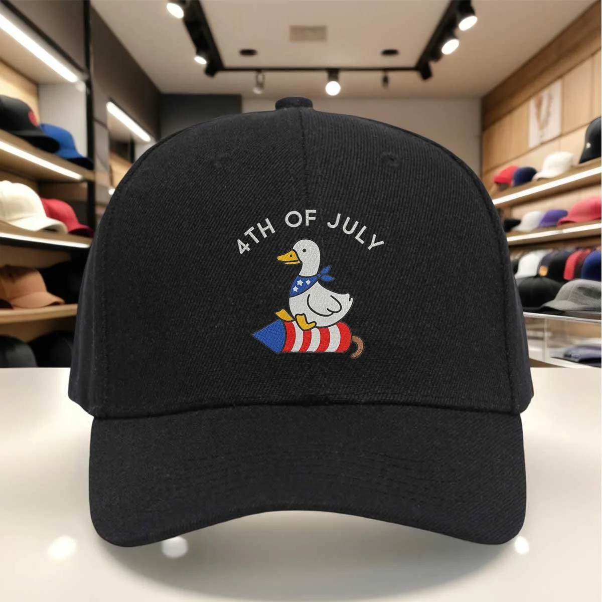 4th of July Duck Firework Baseball Cap, Patriotic Adjustable Hat, USA Flag Bandana Design