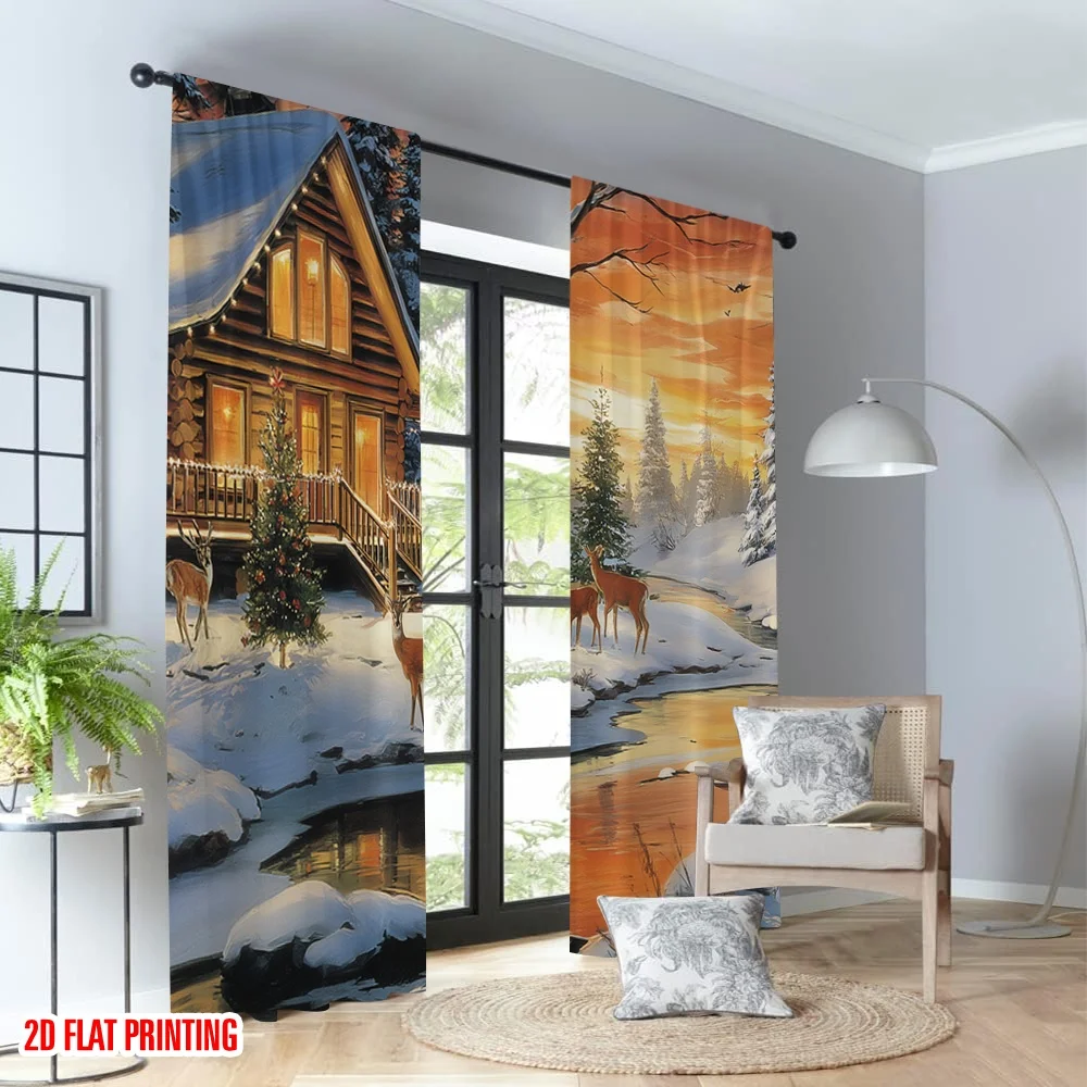 2 قطعة 2D الطباعة المسطحة ستائر عيد الميلاد المألوف مريحة المقصورة الغزلان عيد الميلاد المشهد الرقمية المطبوعة البوليستر الستائر عطلة #4