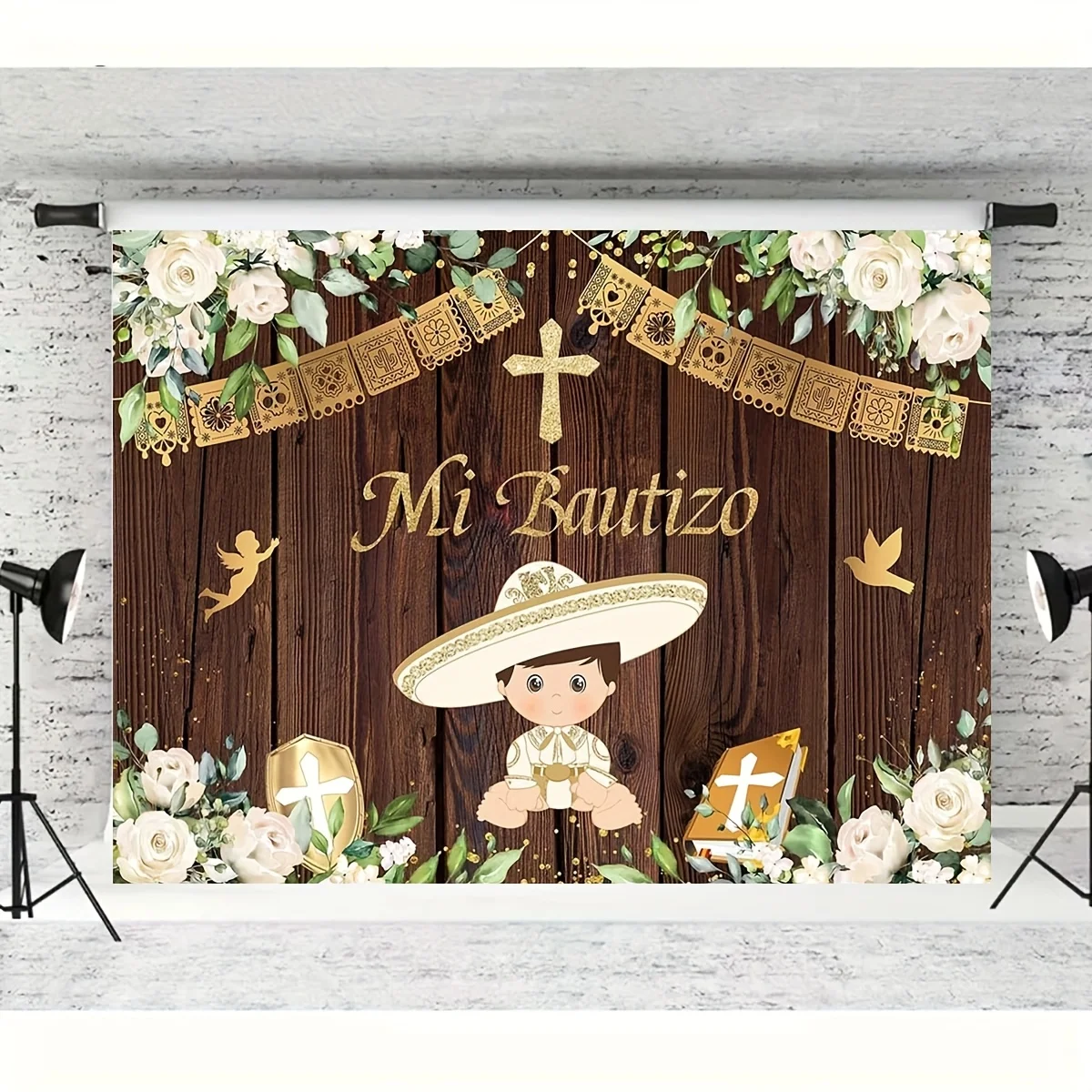 Fondo de fotografía de flor blanca de madera Mi Bautizo niño Dios bendiga primera comunión bautismo decoraciones para fiesta fondo