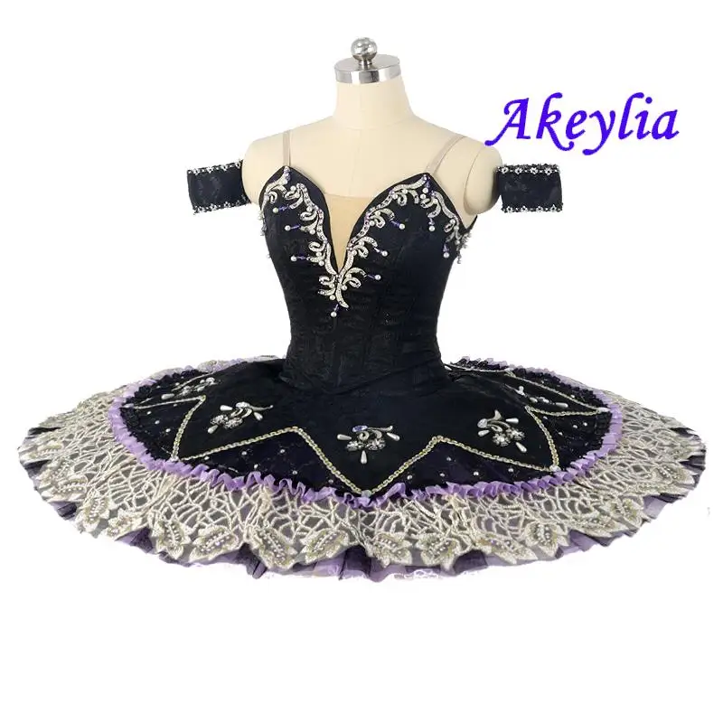 Professionelles Ballett-Tutu, schwarz, lila, Damen-YAGP-Kostüme, Jacquard für Erwachsene, keine Elastizität, 11 Schichten, Pfannkuchen-Tutu, Wettbewerb JN0450