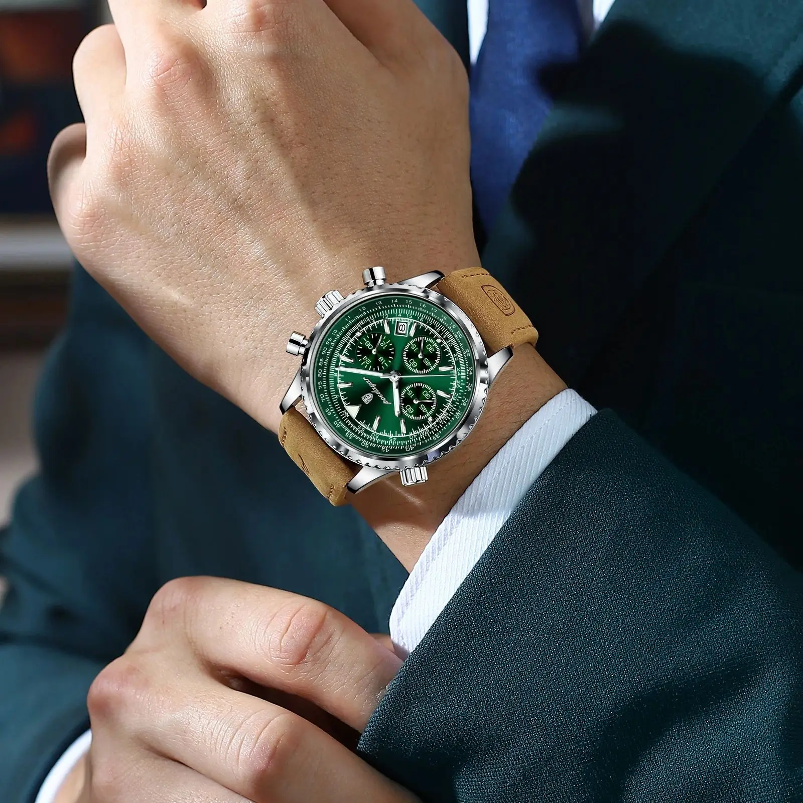 POEDAGAR أفضل ساعة رجالية فاخرة مقاوم للماء تاريخ مضيئة كرونوغراف رياضي رجل ساعة اليد جلدية ساعات كوارتز رجالية Reloj