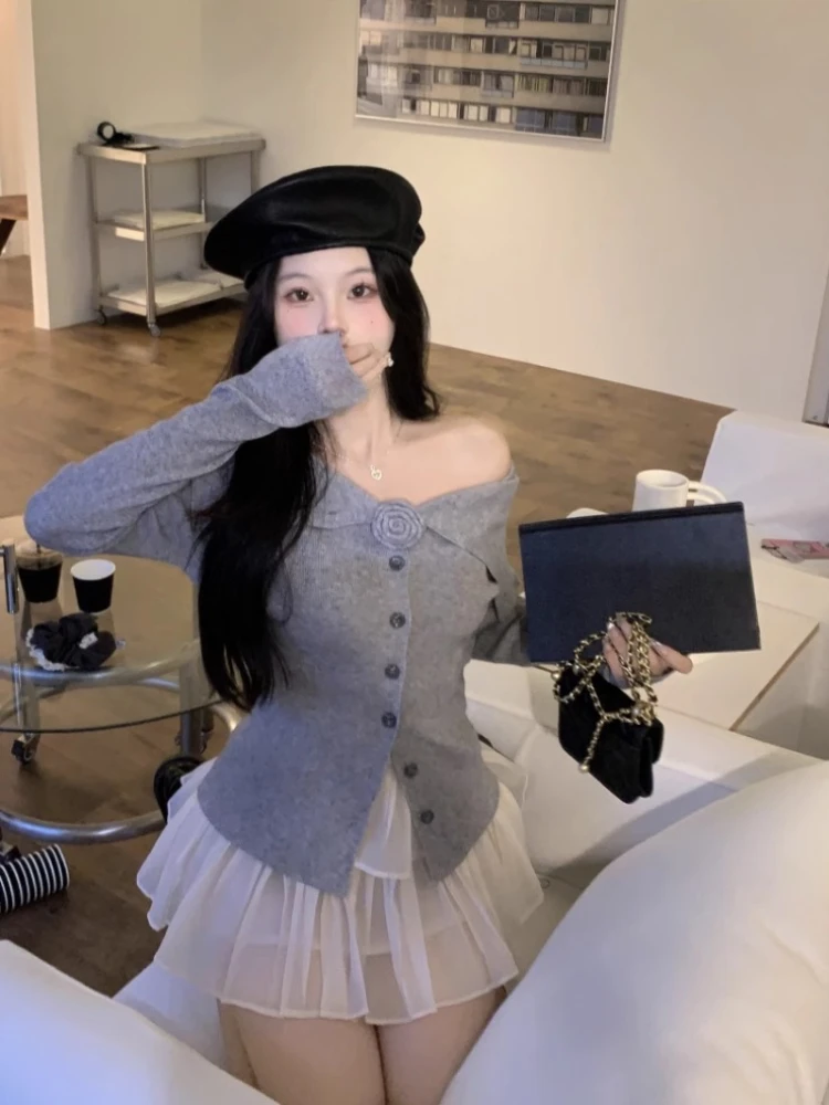 Słodkie eleganckie Patchwork w kwiaty dzianinowe swetry koreańskie, delikatne, wąskie, eleganckie płaszcze głęboki dekolt Y2k estetyczne Ins