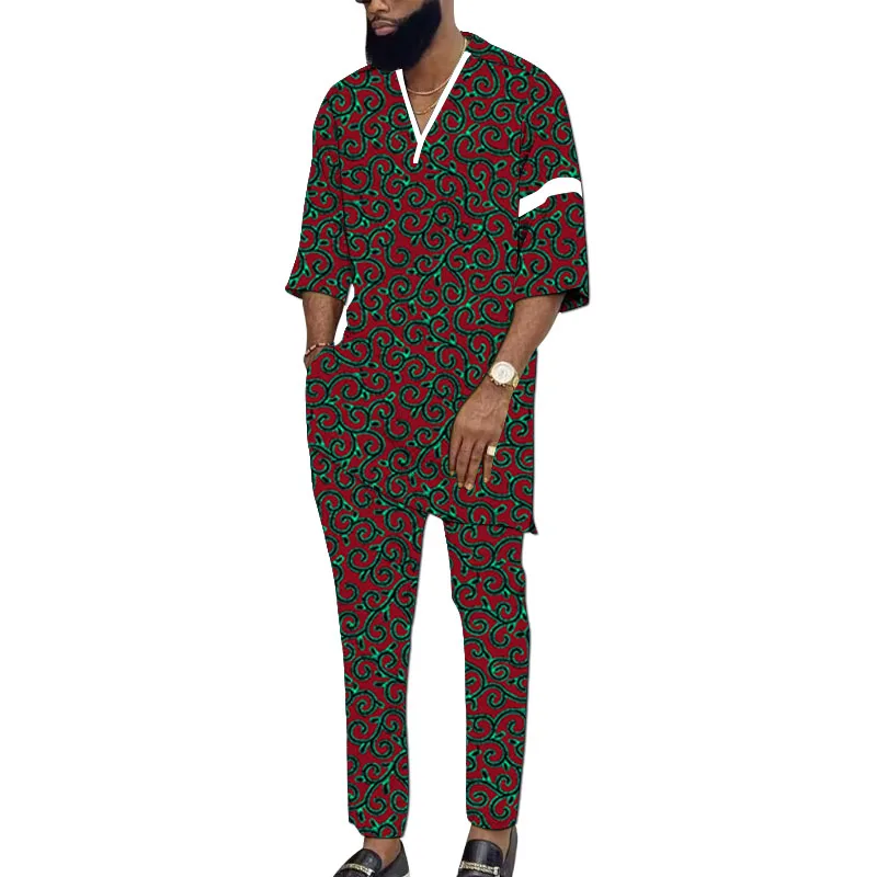 

Рубашка с коротким рукавом + брюки, топы с v-образным вырезом, белый воротник и манжеты, мужской комплект в африканском стиле от кутюр, вечерние наряды с нигерийским принтом