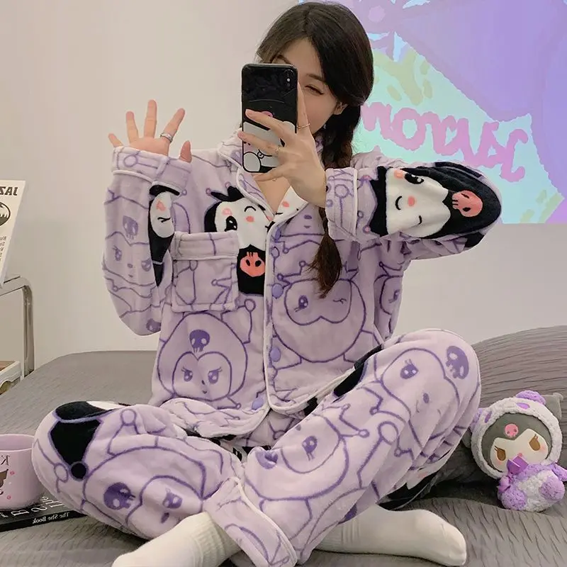 Anime Kuromi Pajamas Women Flannel Lapel Cardigan Long Sleeve Pant Two Piece Cute Hello Kittys Cartoon Thicken Home Clothes Suit