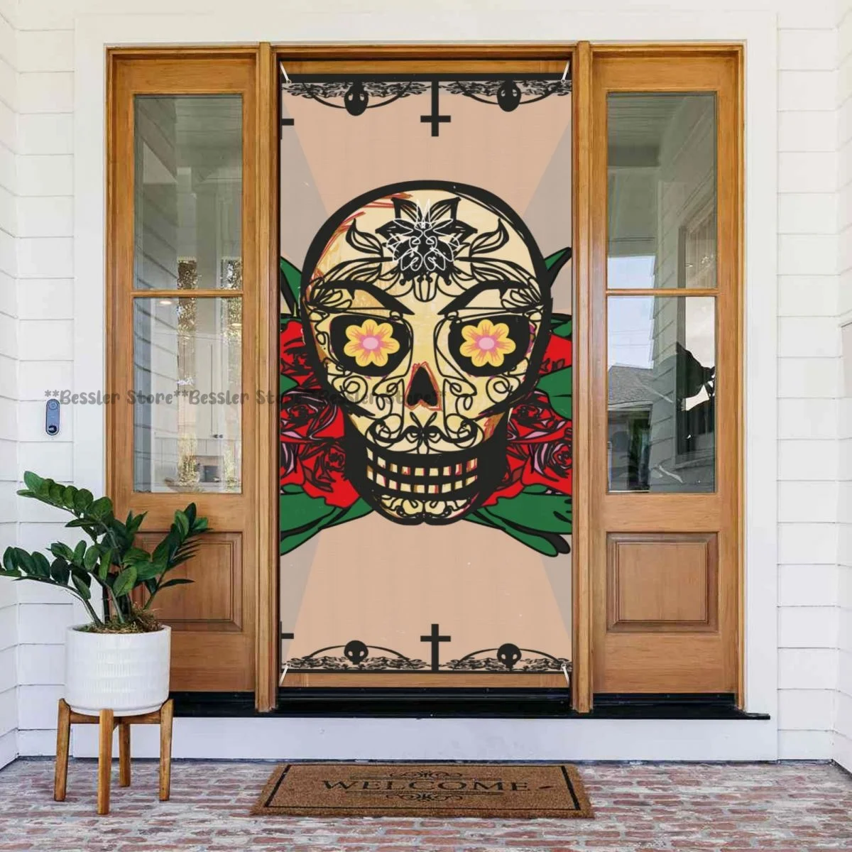 Mexican Romantic Sugar Skull With Rose Spooky Halloween Horror Mystic Themed Image door cover decorations holiday party supplies