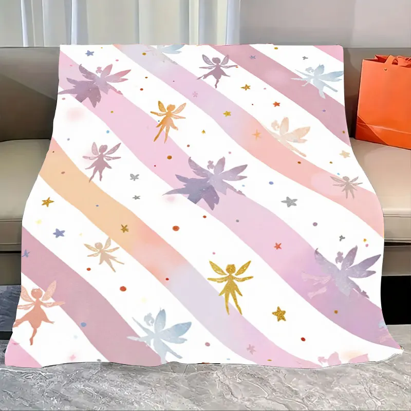 

1pc Flannel Blanket "Fairy Print Soft Blanket for Kids, Pastel Striped Cozy Throw for Bedroom"