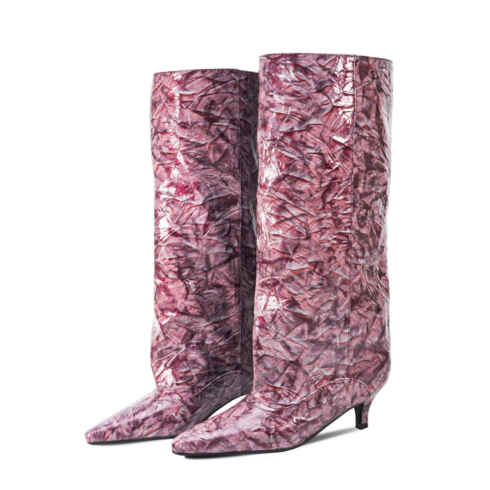 Women Vintage Crinkled Floral Print Knee Length Boots Pointed Low Kitten Heel Footwear for Daily Street Evening Party Dating - view 6
