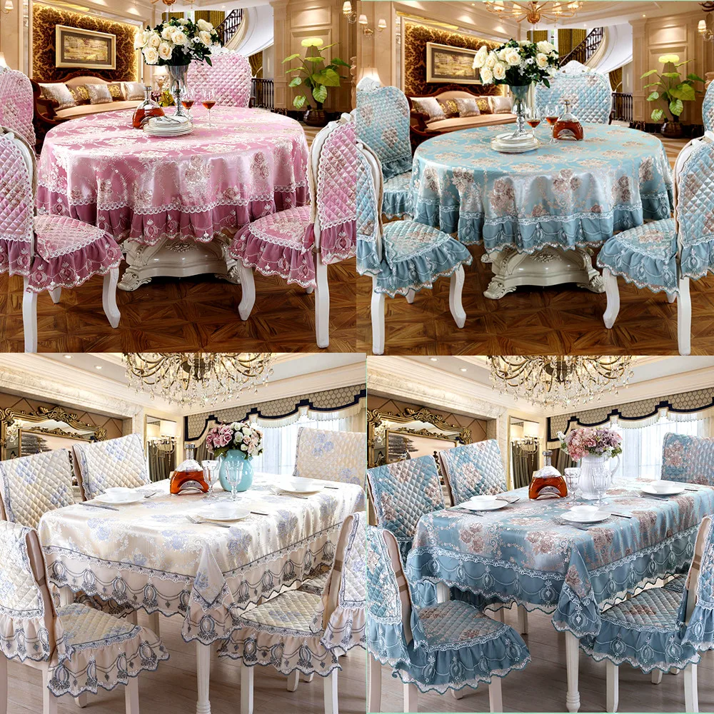 Luxury Lace Tablecloth Chair Cover Round\Rectangle High quality Soft Sleek Fabric European Royal Blue\Purple\Beige Table Cover