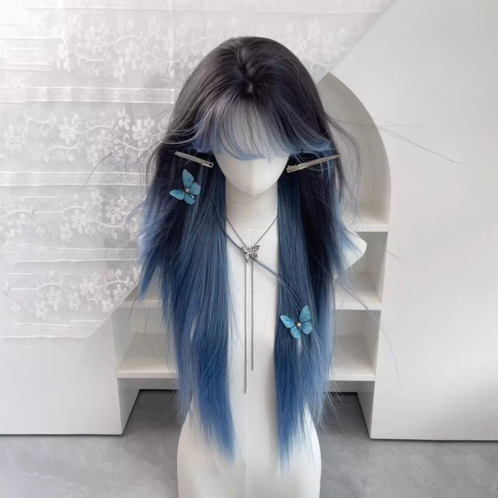 

[No hairnet] Wig female Qi bangs long straight hair black gradual change blue fashion natural whole top full headgear