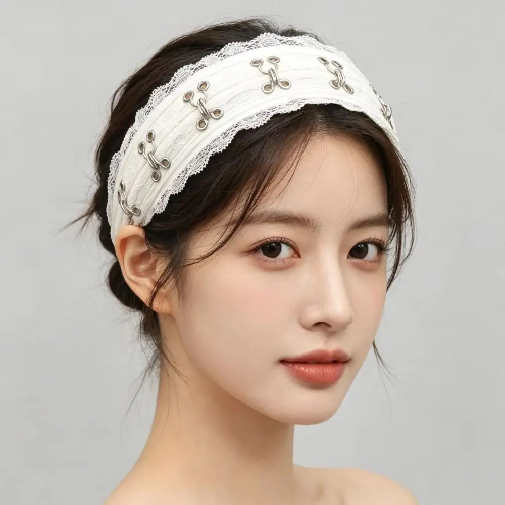 Black White Lace Headbands Dark Steampunk Sweet Style Decor Headband Metal Hook Buckle Hair Accessories Fabric Hair Hoop