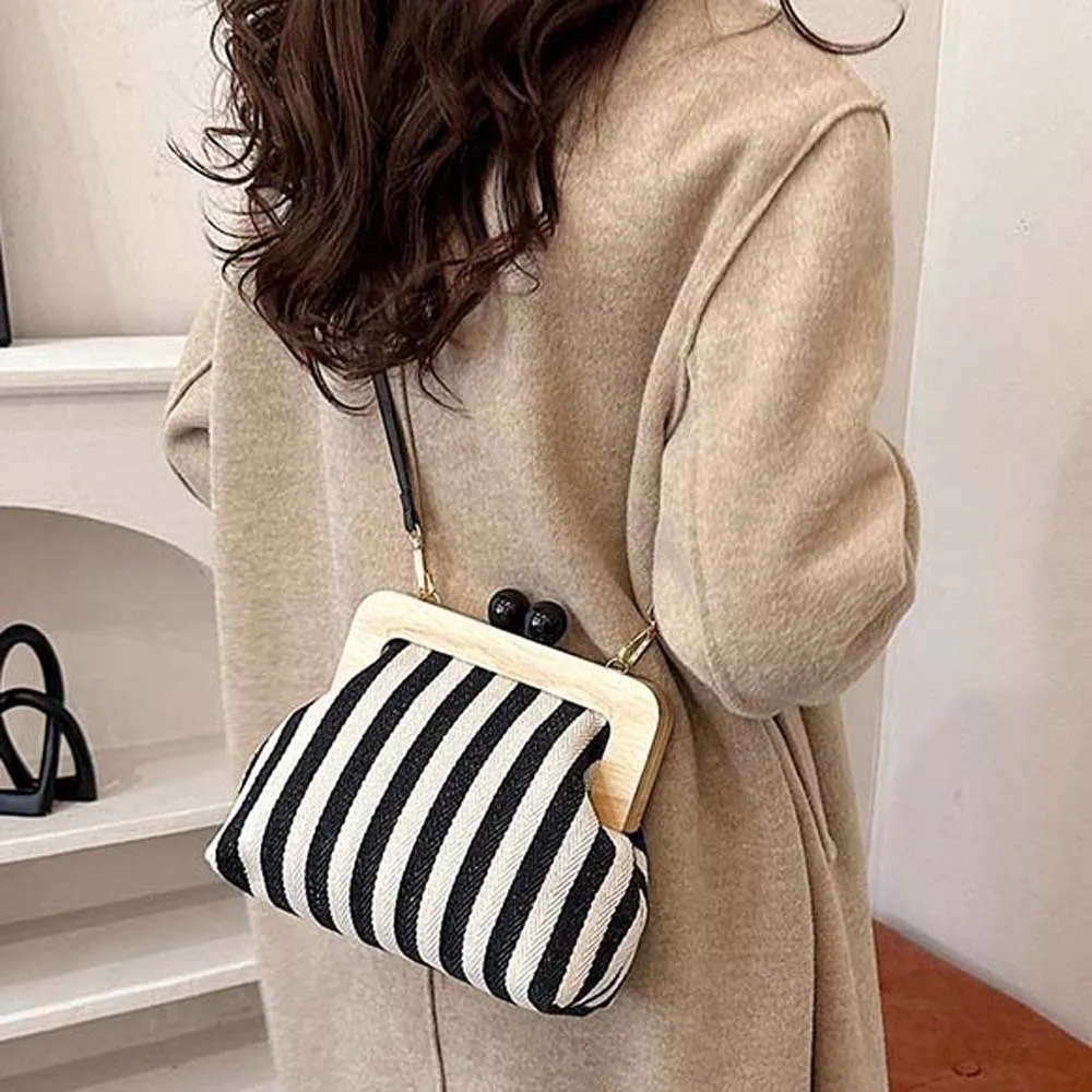 Striped Design Wooden Frame Bag Double Beads Detachable Strap Kiss Lock Pouch Soft Structure Textured Fabric Canvas Purse