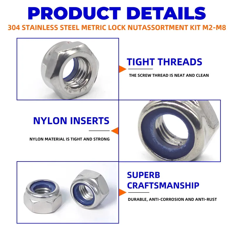 200pcs DIN985 Hex Nylon Insert Self Lock Nut Nylock Locknut Assortment Kit Set M2 M2.5 M3 M4 M5 M6 M8 304 A2-70 Stainless Steel