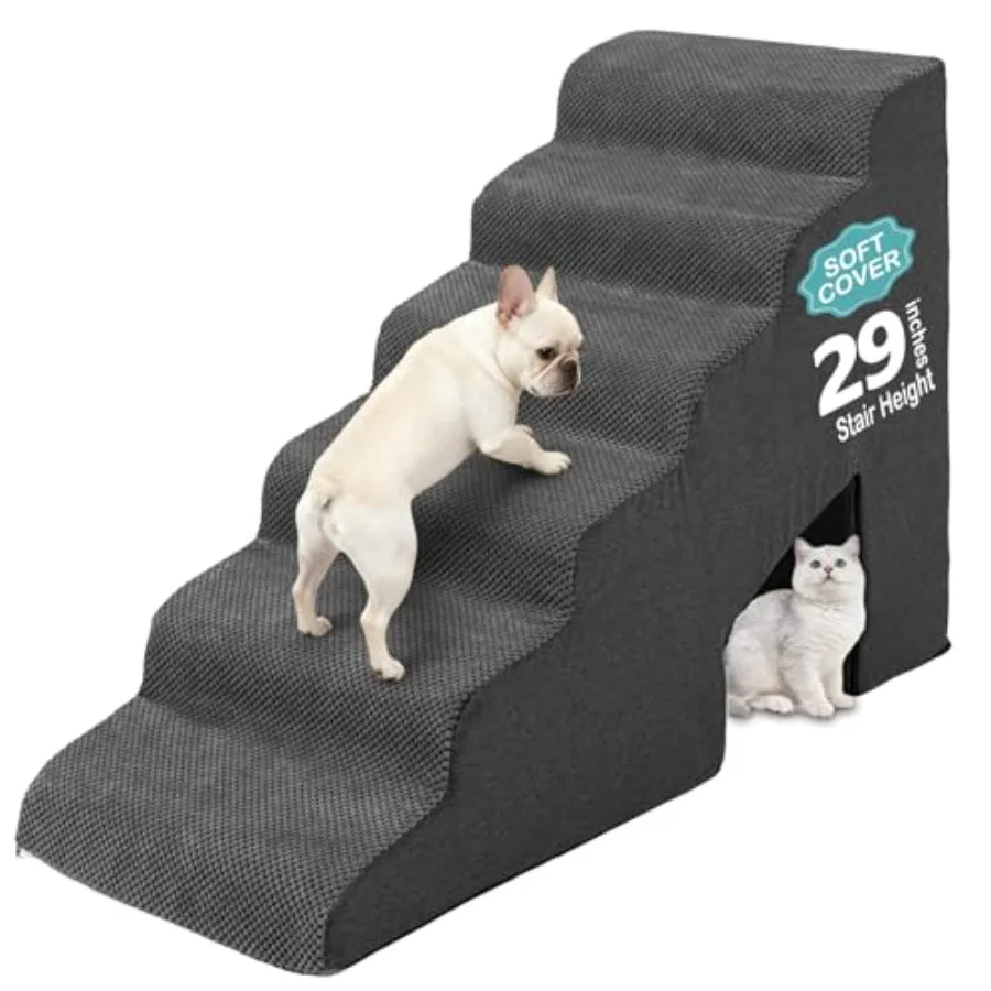 

Лестница для собак 29 дюймов для высоких кроватей (66-76 см), 6 ступеней, нескользящая, с 3-мя скатными дорожками для лестницы, серая