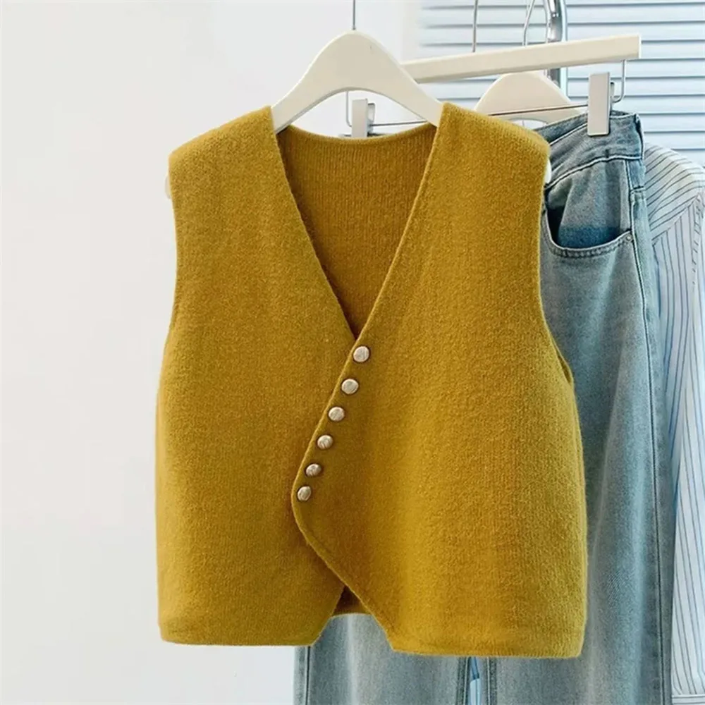 

New Autumn Winter Temperament Cardigan Knitted Vest Jacket Short irregular V-Neck Sleeveless Casual Waistcoat Sweater Women Tops