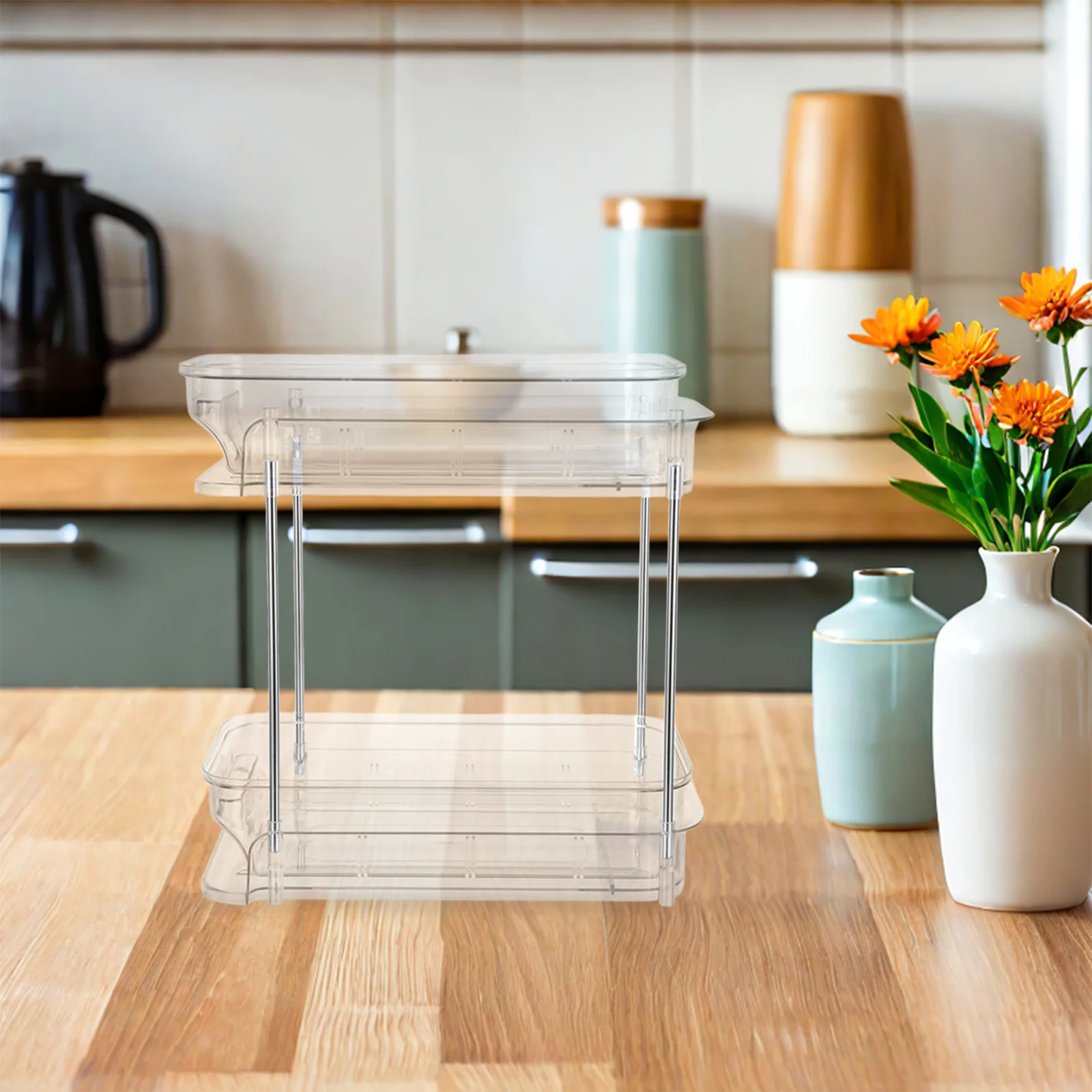

Double Layer Pull Out Cabinet Organizer Under Sink Storage Rack for Bathroom and Kitchen Transparent Drawer Multi Purpose Shelf