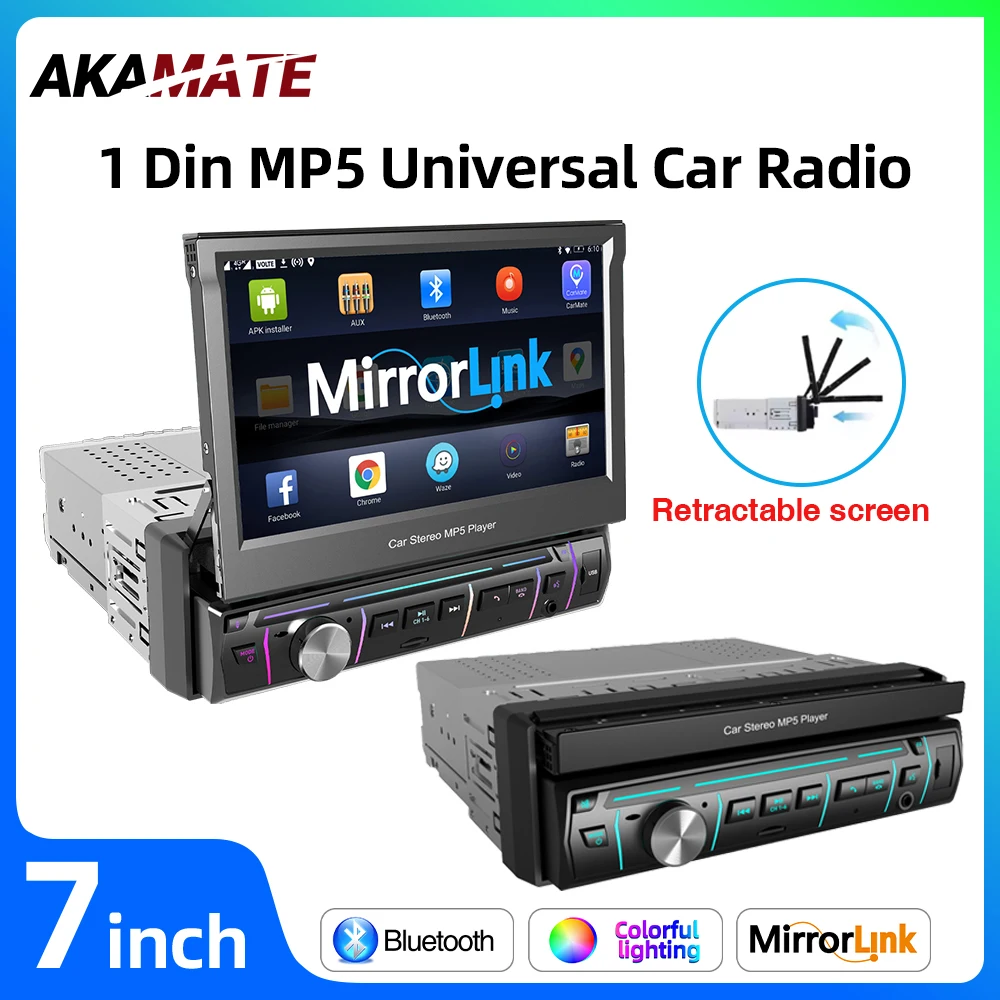 

Автомагнитола 1DIN с выдвижным экраном, емкостным сенсорным управлением, MP3/MP5-плеером, Mirrorlink, Bluetooth, голосовым помощником, FM-радио, универсальная для всех автомобилей