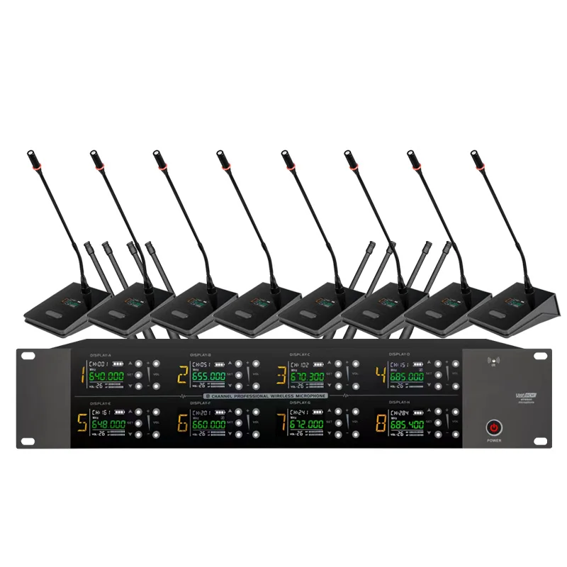 نظام ميكروفون لاسلكي UHF احترافي 8 قنوات ميكروفون أداء مرحلة الكنيسة المدرسية