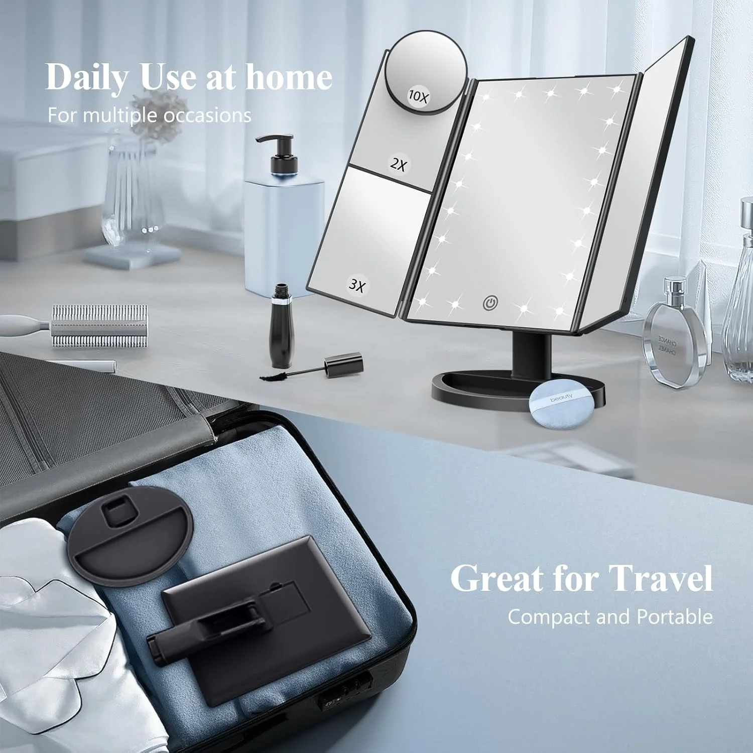 Makeup Mirror Vanity Mirror with Lights, 2X 3X 10X Magnification, Trifold Lighted Makeup Mirror, Touch Control, Dual Power Suppl