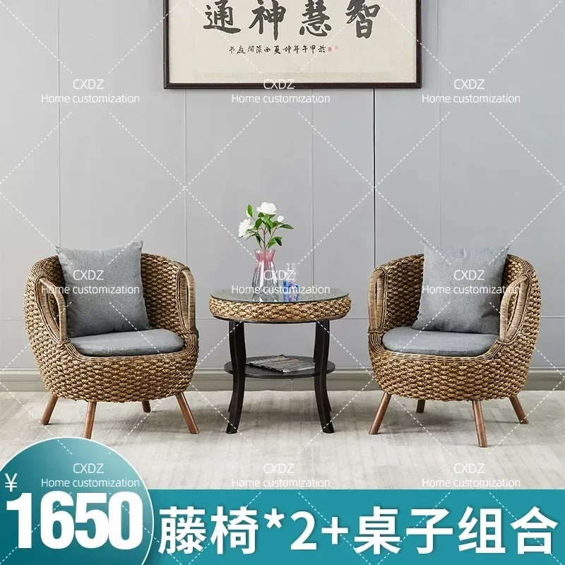 3 Piece Rattan Chair Set with Small Round Coffee Table Real Woven Balcony Leisure Furniture for Living Room Study Patio