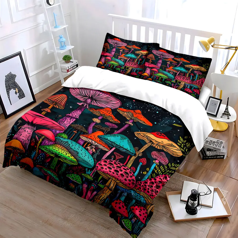 Vivid mushroom forest at night Print Bedding Set 1 Duvet Cover 2 Pillowcases for Adult and Children Luxury Gift Full Size