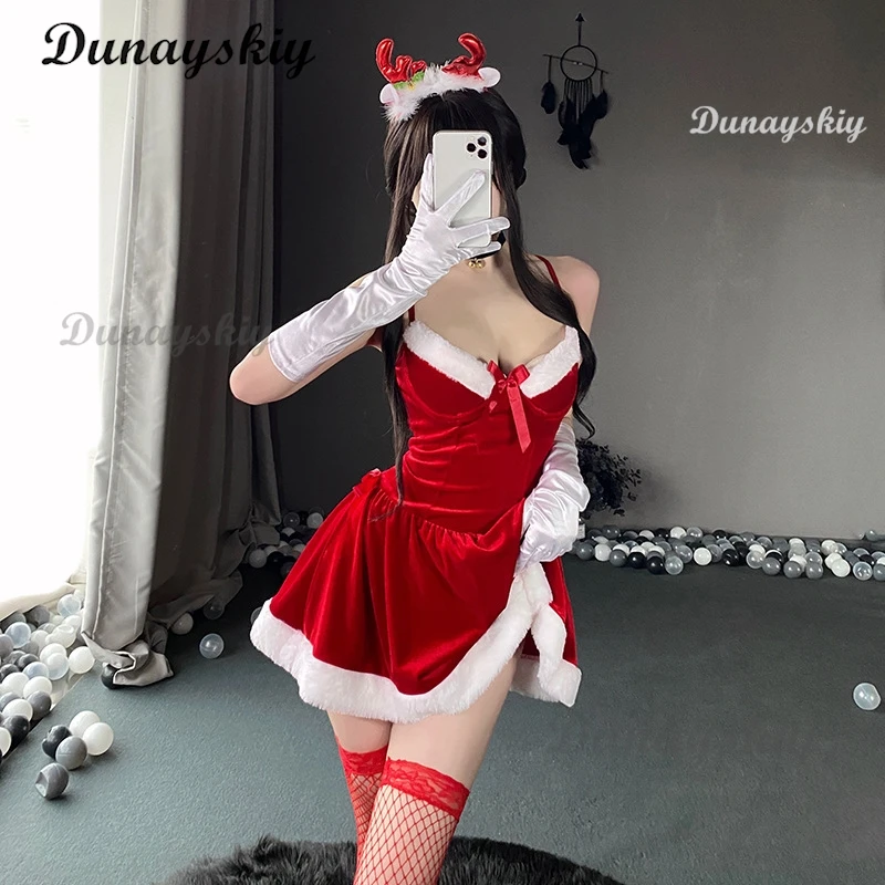 Christmas Cosplay Costume Dresses Women Santa Velvet Bunny Girl Lingerie Christmas Halloween Party Cosplay Dress Socks