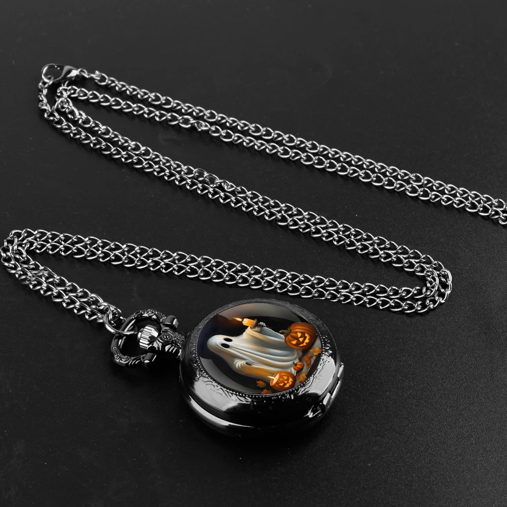 Creative Ghost Design Glass Dome Practical Quartz Pocket Watch Fob Chain Necklace Mens Kids Gifts Clock Halloween Gifts