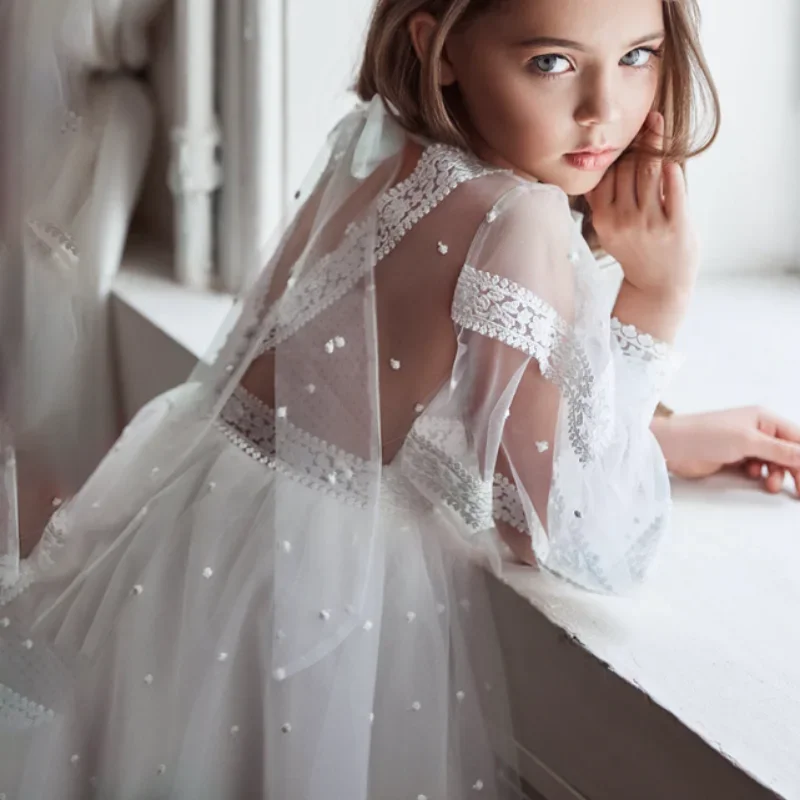 Robe de demoiselle d'honneur en dentelle, coupe trapèze, col rond, longueur au sol, pour mariage, première communion