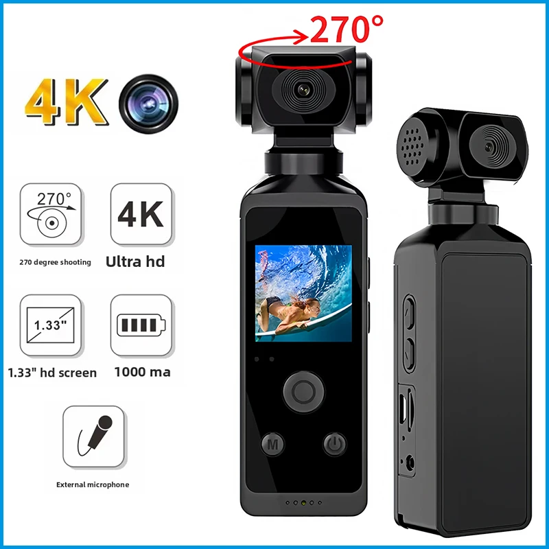 K8 4K Pocket Action Camera 270° Rotatable Thumb Camera Vlog Wifi Mini Sports Cam Waterproof Helmet Travel Bicycle Driver Recorde