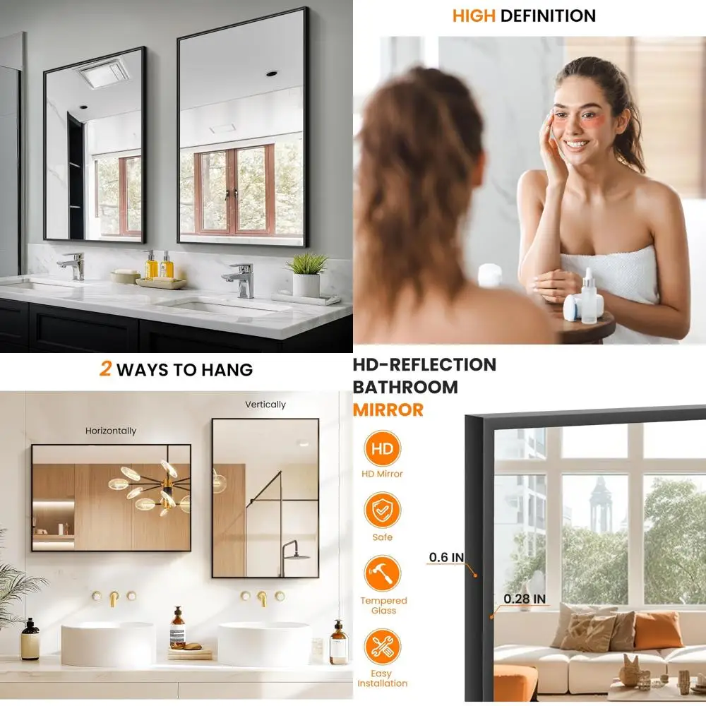 

Зеркало для ванной комнаты на стену, 2 шт., прямоугольное настенное зеркало в металлическом каркасе 36 x 24, для раковины, HD небьющееся Gla