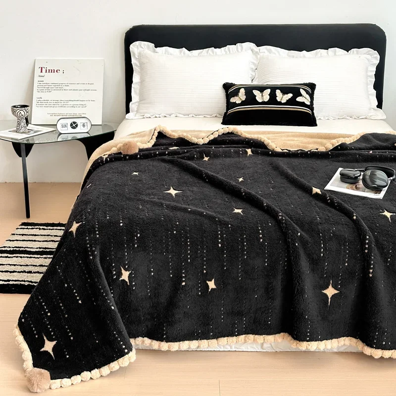Autumn Winter Thickened Warm Blanket Soft Cozy Multi-functional Sofa Blankets Arctic Velvet Jacquard 2-layer Composite Blanket
