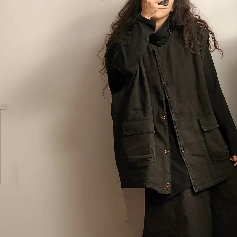 

2025 New Arrival Autumn/winter Women Pocket Patchwork Cotton Liner Vest Casual O-neck Single Breasted Outerwear & Coats Y164
